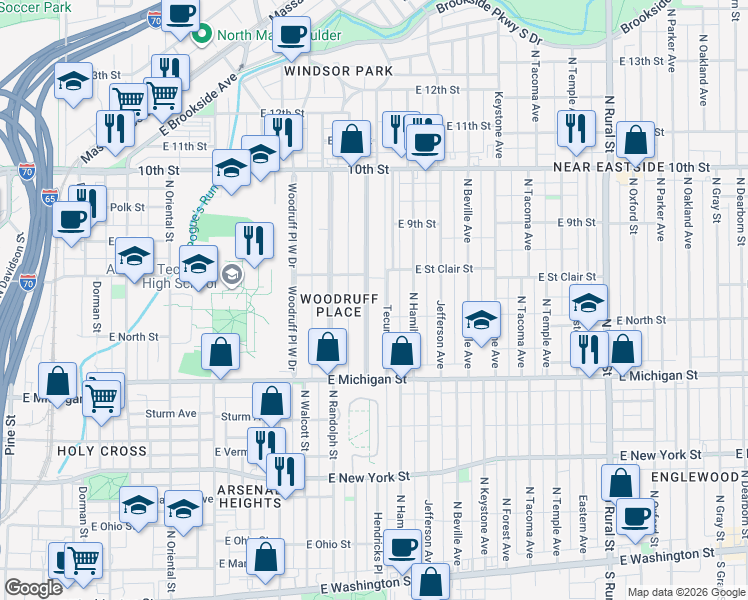 map of restaurants, bars, coffee shops, grocery stores, and more near 681 Woodruff Place East Drive in Indianapolis
