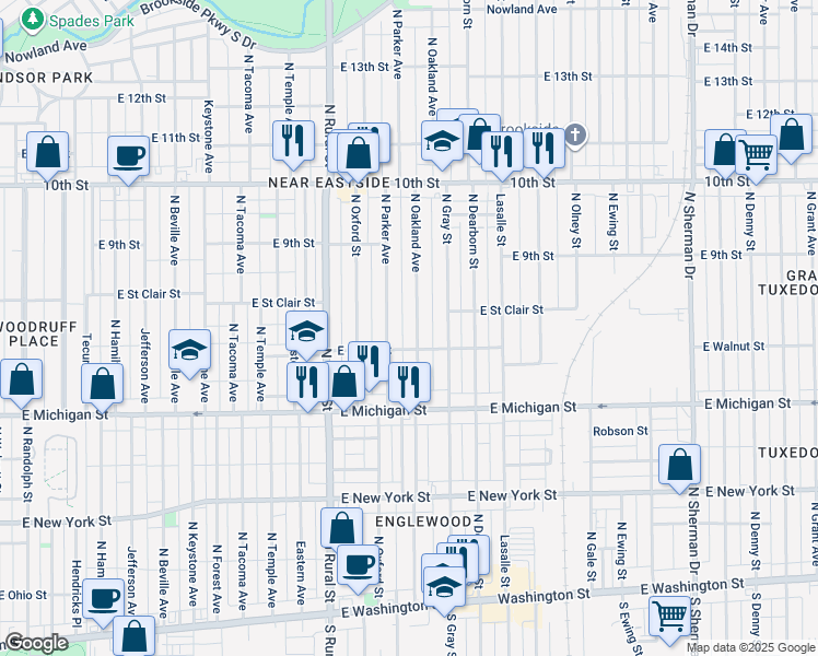 map of restaurants, bars, coffee shops, grocery stores, and more near 624 North Oakland Avenue in Indianapolis