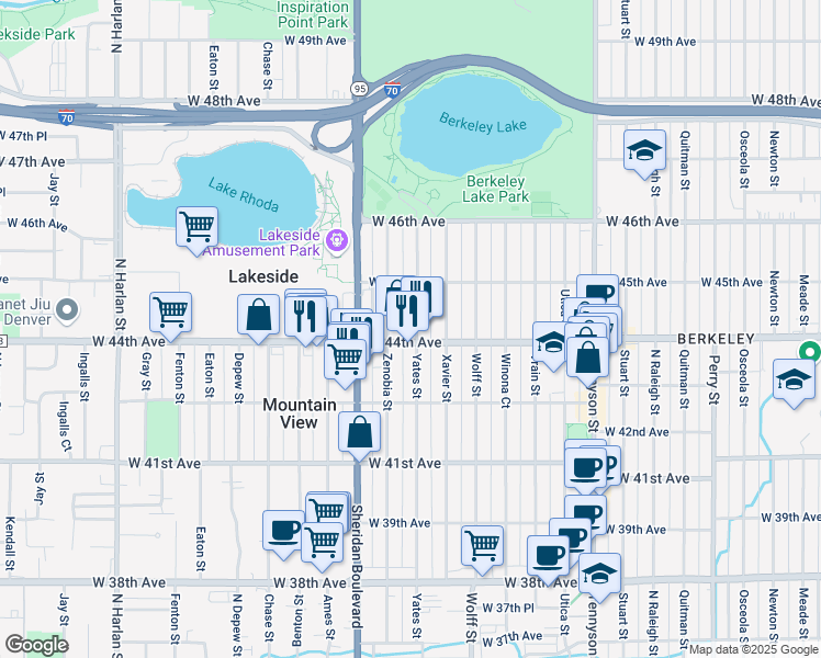 map of restaurants, bars, coffee shops, grocery stores, and more near 4421 Yates Street in Denver
