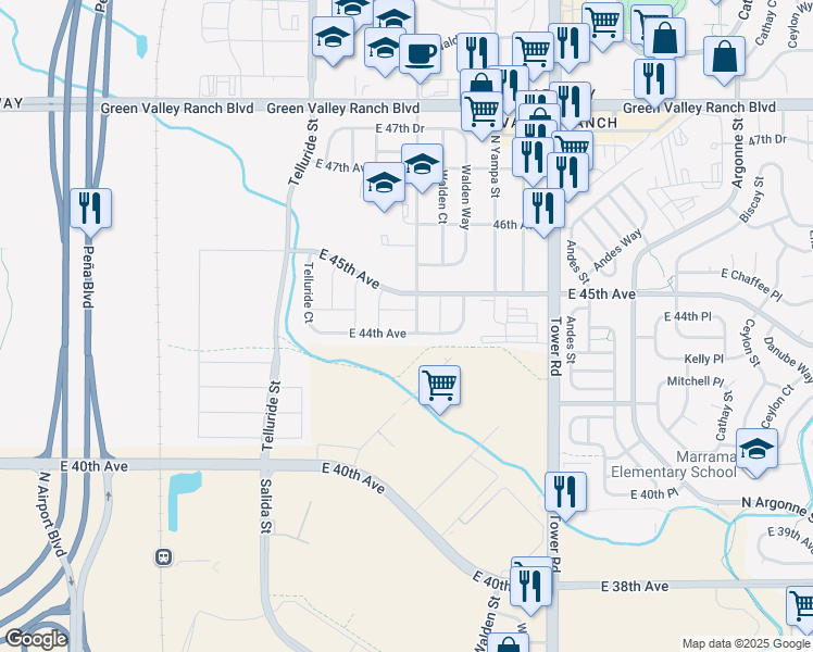 map of restaurants, bars, coffee shops, grocery stores, and more near 18159 East 44th Avenue in Denver