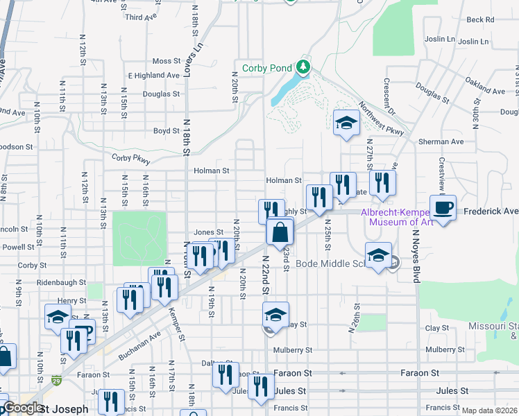 map of restaurants, bars, coffee shops, grocery stores, and more near 1102 North 22nd Street in St. Joseph