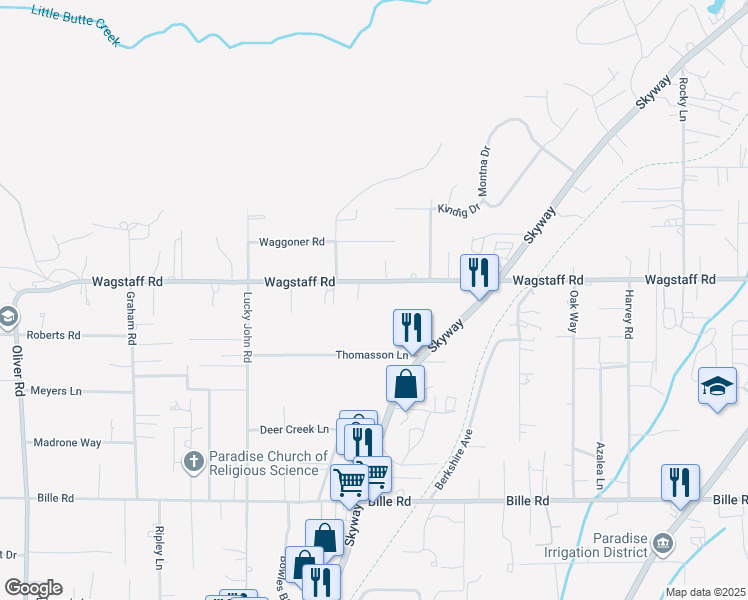 map of restaurants, bars, coffee shops, grocery stores, and more near 998 Wagstaff Road in Paradise