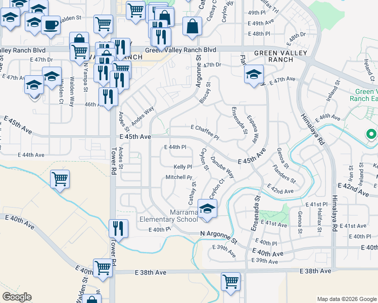 map of restaurants, bars, coffee shops, grocery stores, and more near 18952 East 44th Place in Denver
