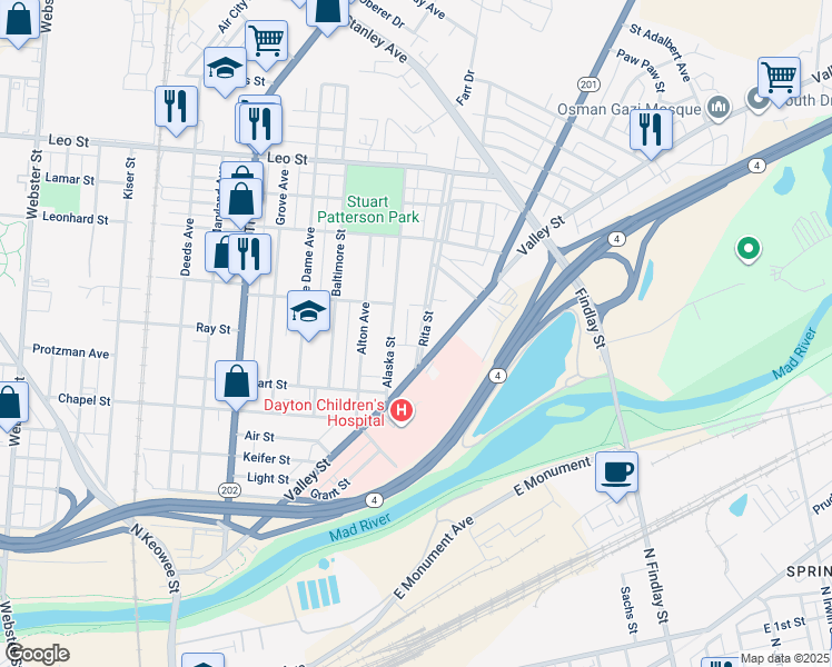 map of restaurants, bars, coffee shops, grocery stores, and more near 27 Rita Street in Dayton