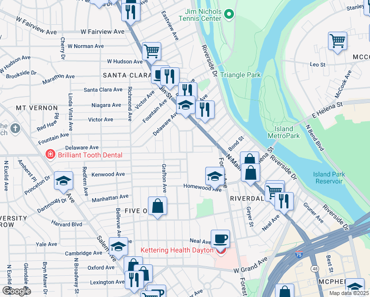 map of restaurants, bars, coffee shops, grocery stores, and more near 1407 Viola Avenue in Dayton