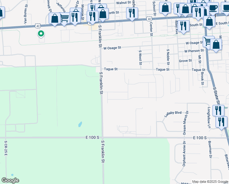 map of restaurants, bars, coffee shops, grocery stores, and more near 785 South Franklin Street in Greenfield