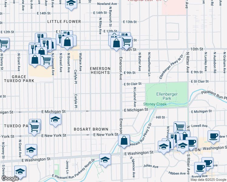 map of restaurants, bars, coffee shops, grocery stores, and more near 706 North Emerson Avenue in Indianapolis