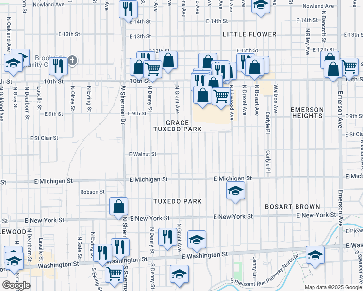 map of restaurants, bars, coffee shops, grocery stores, and more near 717 North Grant Avenue in Indianapolis