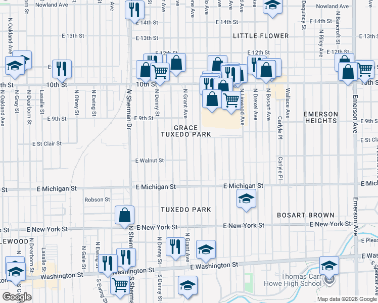 map of restaurants, bars, coffee shops, grocery stores, and more near 717 North Grant Avenue in Indianapolis