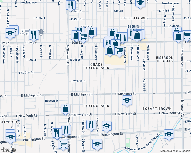 map of restaurants, bars, coffee shops, grocery stores, and more near 717 North Grant Avenue in Indianapolis