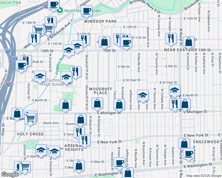 map of restaurants, bars, coffee shops, grocery stores, and more near 681 Woodruff Place East Drive in Indianapolis