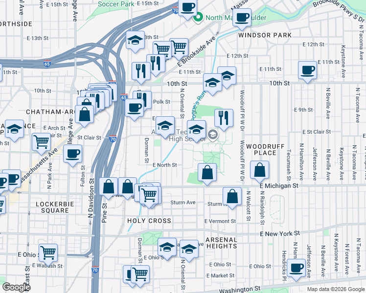 map of restaurants, bars, coffee shops, grocery stores, and more near 1203 E St Clair St in Indianapolis
