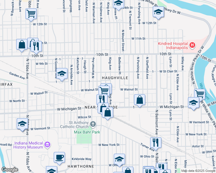 map of restaurants, bars, coffee shops, grocery stores, and more near 713 King Avenue in Indianapolis