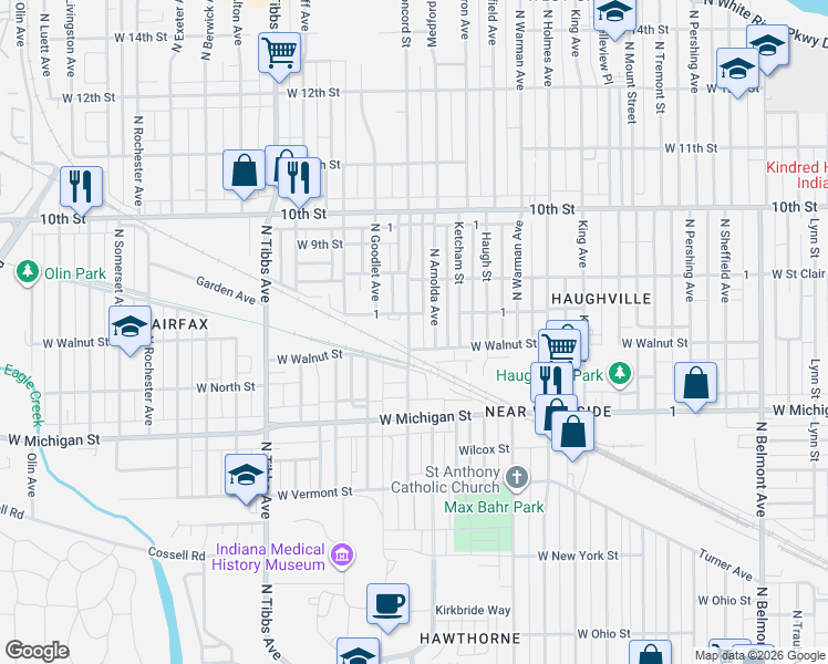 map of restaurants, bars, coffee shops, grocery stores, and more near 3125 Concord Court in Indianapolis