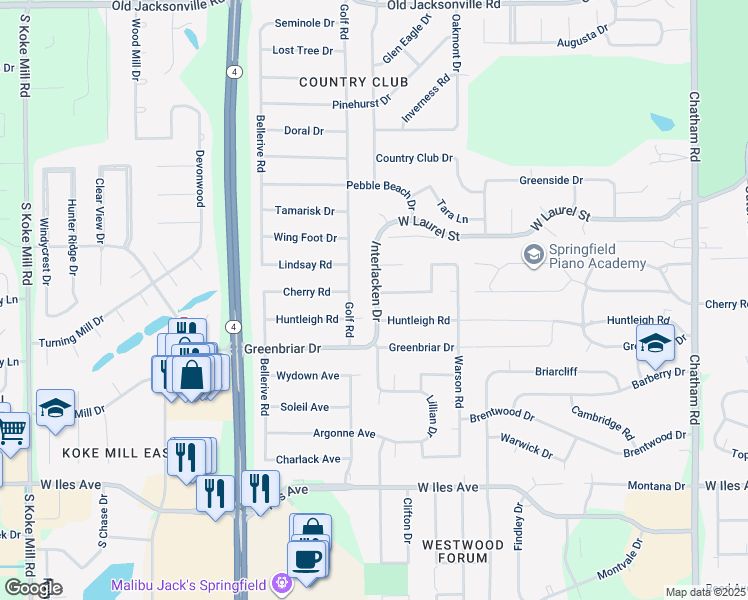 map of restaurants, bars, coffee shops, grocery stores, and more near Grey Stone Dr in Springfield