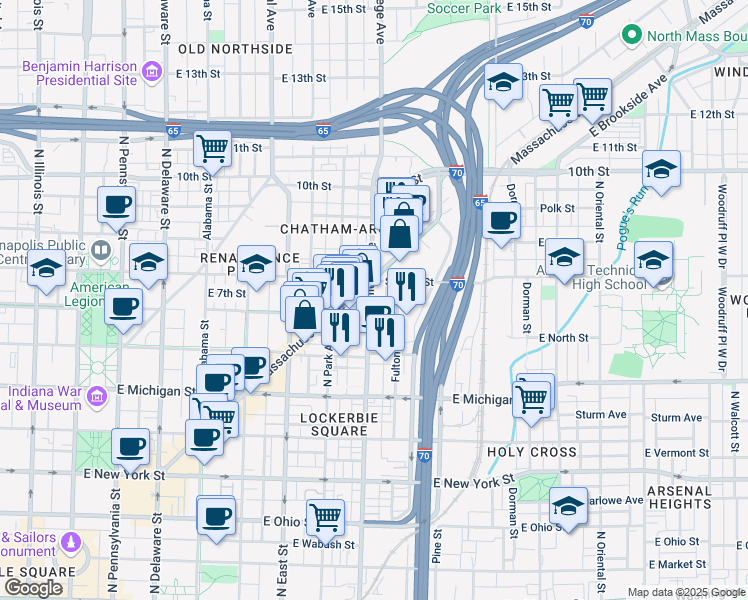 map of restaurants, bars, coffee shops, grocery stores, and more near 705 North College Avenue in Indianapolis