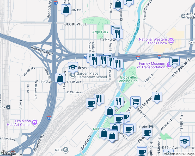 map of restaurants, bars, coffee shops, grocery stores, and more near 4424 Logan Street in Denver