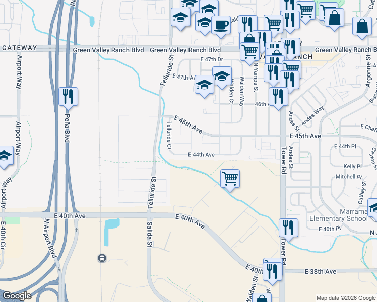 map of restaurants, bars, coffee shops, grocery stores, and more near 4401 Ventura Street in Denver