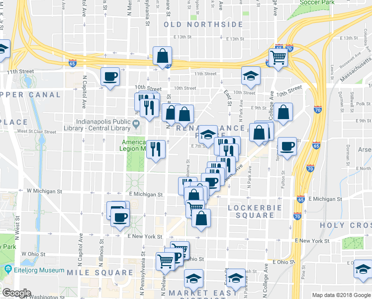 map of restaurants, bars, coffee shops, grocery stores, and more near 700 Alabama Street in Indianapolis
