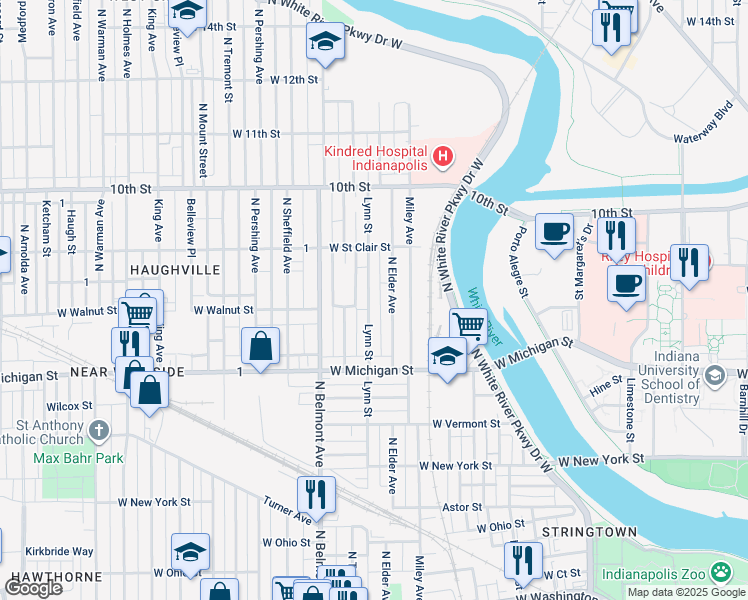 map of restaurants, bars, coffee shops, grocery stores, and more near 705 Lynn Street in Indianapolis