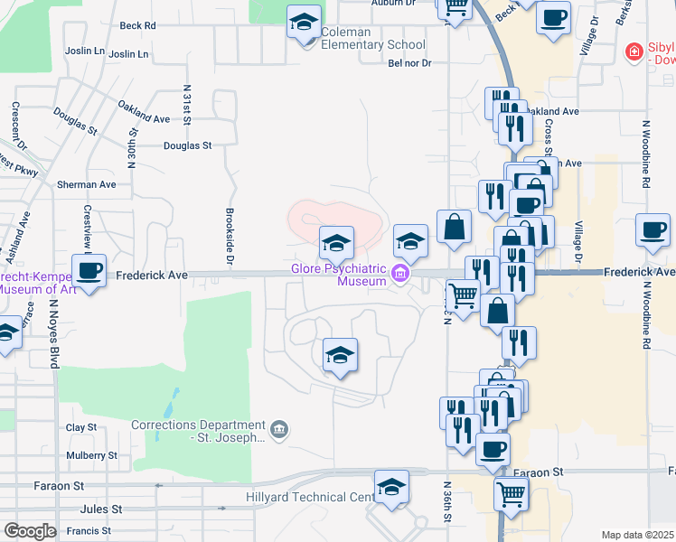 map of restaurants, bars, coffee shops, grocery stores, and more near 3510 Frederick Avenue in Saint Joseph