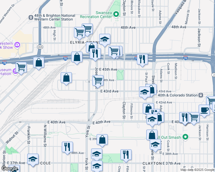 map of restaurants, bars, coffee shops, grocery stores, and more near 4345 Elizabeth Street in Denver
