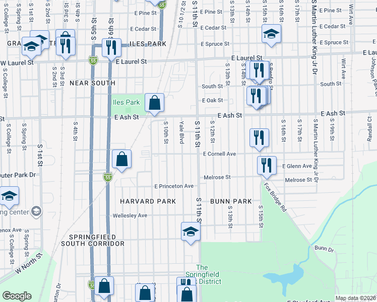 map of restaurants, bars, coffee shops, grocery stores, and more near 2172 Yale Boulevard in Springfield