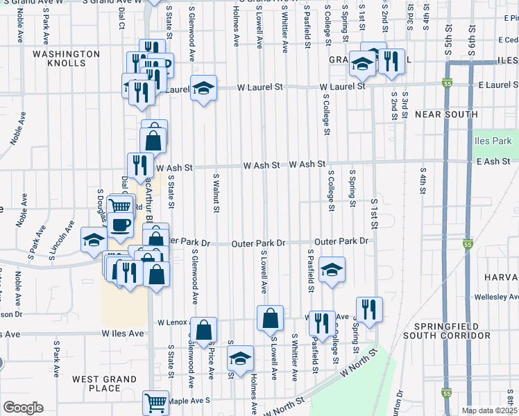 map of restaurants, bars, coffee shops, grocery stores, and more near 2129 South Lowell Avenue in Springfield