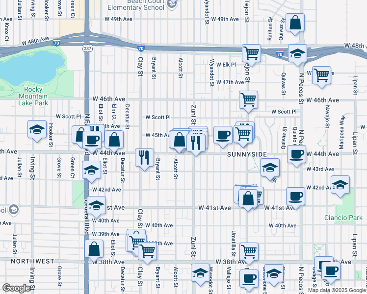 map of restaurants, bars, coffee shops, grocery stores, and more near 4420 Alcott Street in Denver