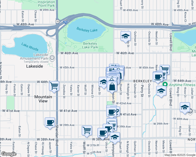 map of restaurants, bars, coffee shops, grocery stores, and more near 4421 Vrain Street in Denver