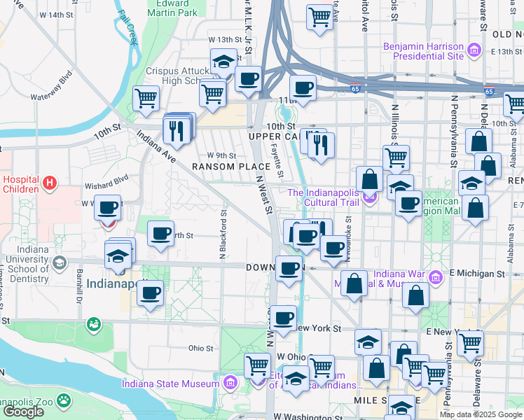map of restaurants, bars, coffee shops, grocery stores, and more near 706 Doctor Martin Luther King Junior Street in Indianapolis