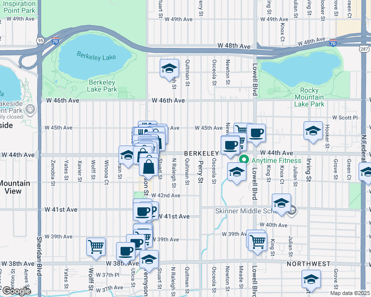 map of restaurants, bars, coffee shops, grocery stores, and more near 4421 Quitman Street in Denver