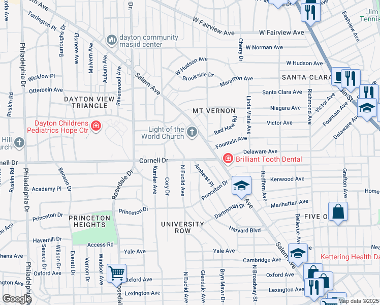 map of restaurants, bars, coffee shops, grocery stores, and more near 855 Cornell Drive in Dayton