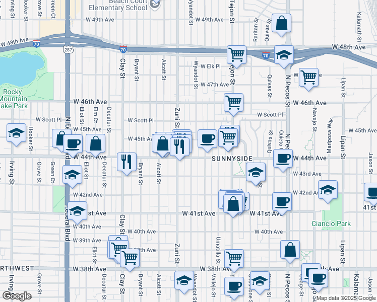 map of restaurants, bars, coffee shops, grocery stores, and more near 4423 Wyandot Street in Denver