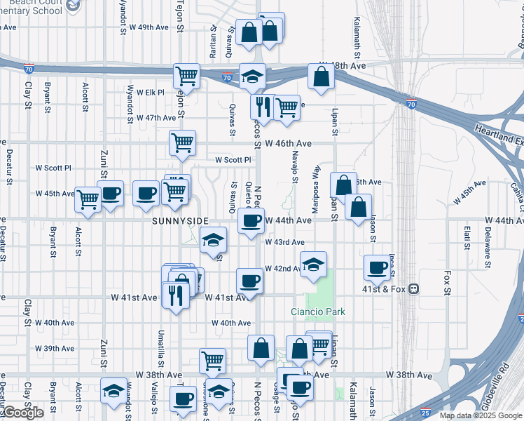 map of restaurants, bars, coffee shops, grocery stores, and more near 4420 North Pecos Street in Denver