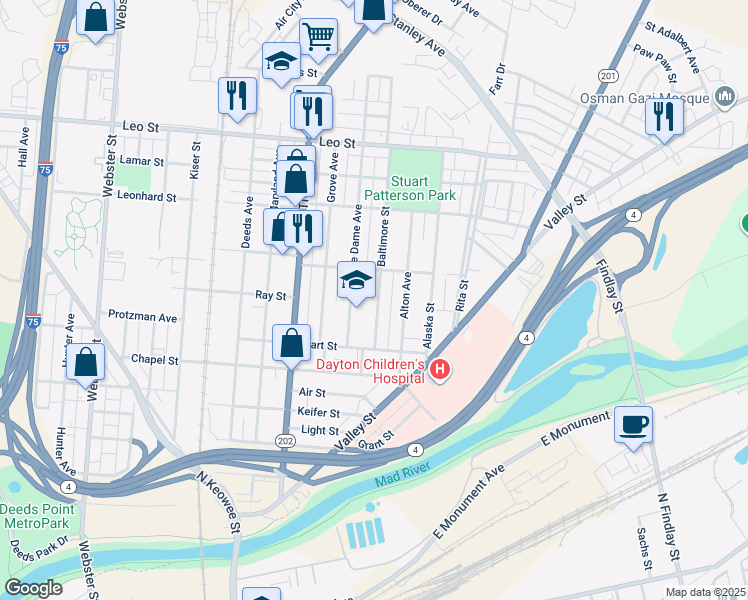 map of restaurants, bars, coffee shops, grocery stores, and more near 59 Baltimore Street in Dayton