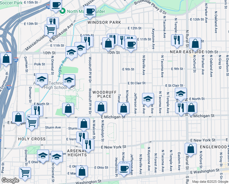 map of restaurants, bars, coffee shops, grocery stores, and more near 681 Woodruff Place East Drive in Indianapolis