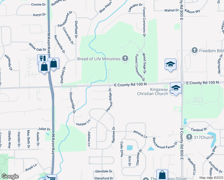 map of restaurants, bars, coffee shops, grocery stores, and more near 975 Harvest Ridge Drive in Avon