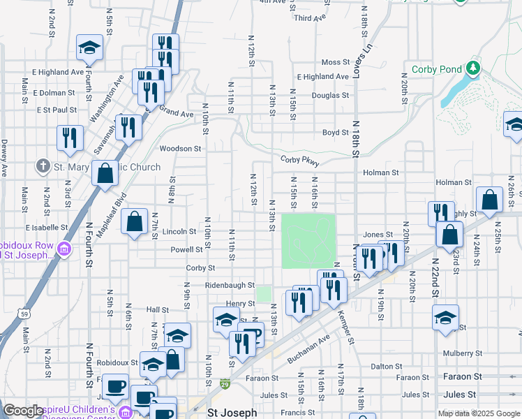 map of restaurants, bars, coffee shops, grocery stores, and more near 1209 Highly Street in Saint Joseph