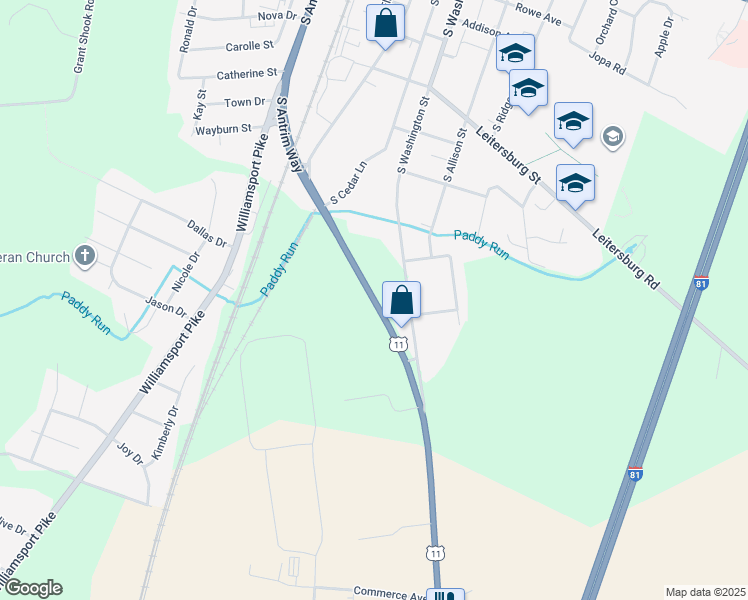 map of restaurants, bars, coffee shops, grocery stores, and more near Route 11 in Greencastle