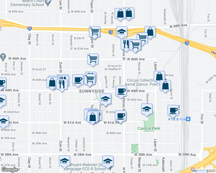 map of restaurants, bars, coffee shops, grocery stores, and more near 4422 Raritan Street in Denver