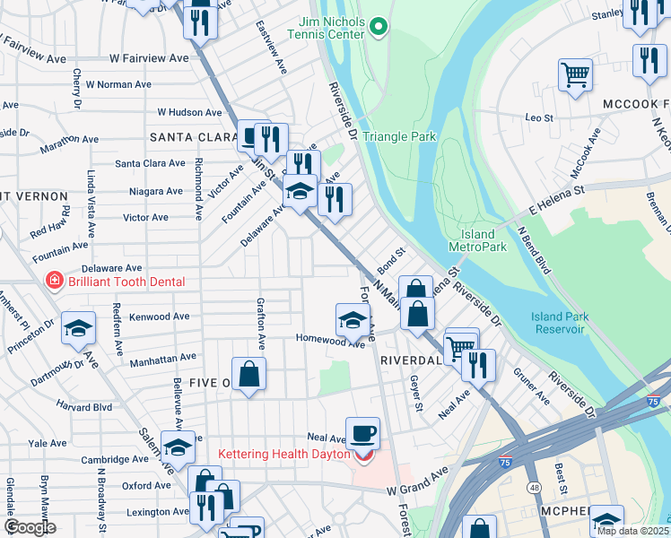 map of restaurants, bars, coffee shops, grocery stores, and more near 30 West Mumma Avenue in Dayton