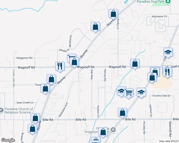 map of restaurants, bars, coffee shops, grocery stores, and more near 6383 Oak Way in Paradise