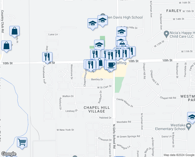 map of restaurants, bars, coffee shops, grocery stores, and more near 38 Chadbourne Drive in Indianapolis