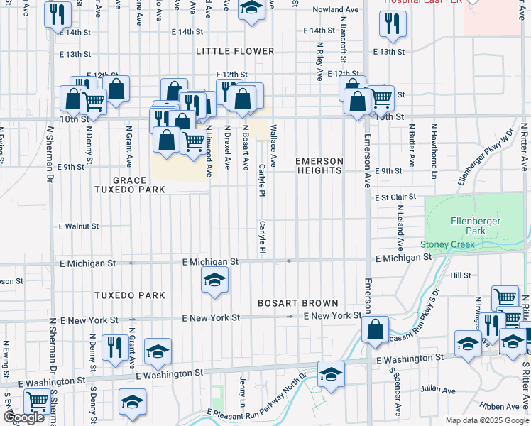 map of restaurants, bars, coffee shops, grocery stores, and more near 709 Carlyle Place in Indianapolis