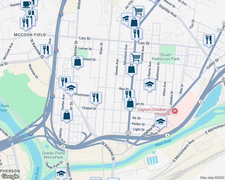 map of restaurants, bars, coffee shops, grocery stores, and more near 1242 Ray Street in Dayton