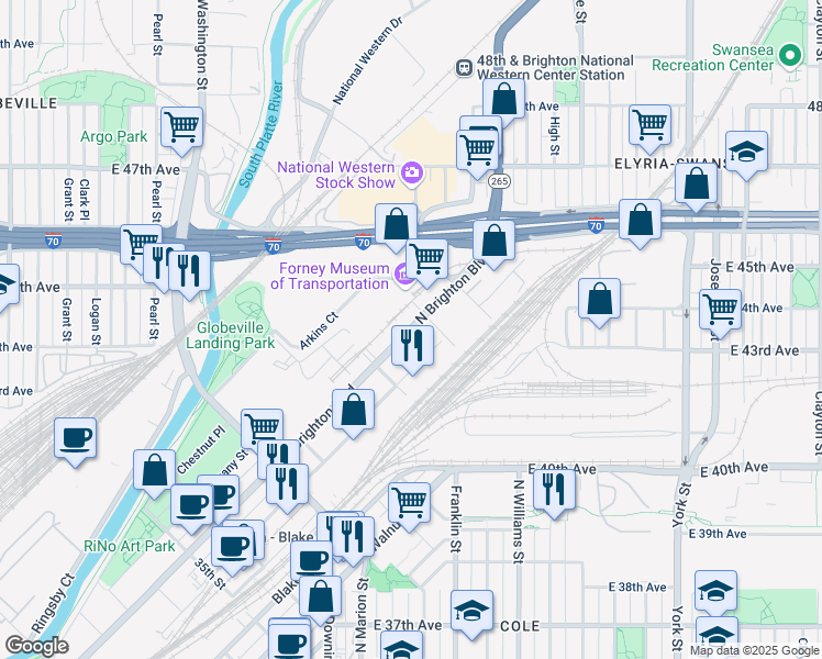 map of restaurants, bars, coffee shops, grocery stores, and more near Brighton Boulevard in Denver