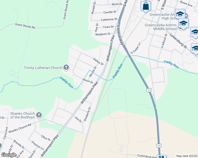 map of restaurants, bars, coffee shops, grocery stores, and more near 11542 Williamsport Pike in Greencastle