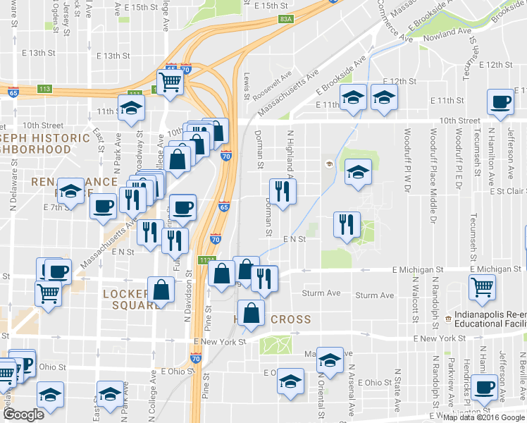 map of restaurants, bars, coffee shops, grocery stores, and more near 714 Dorman Street in Indianapolis