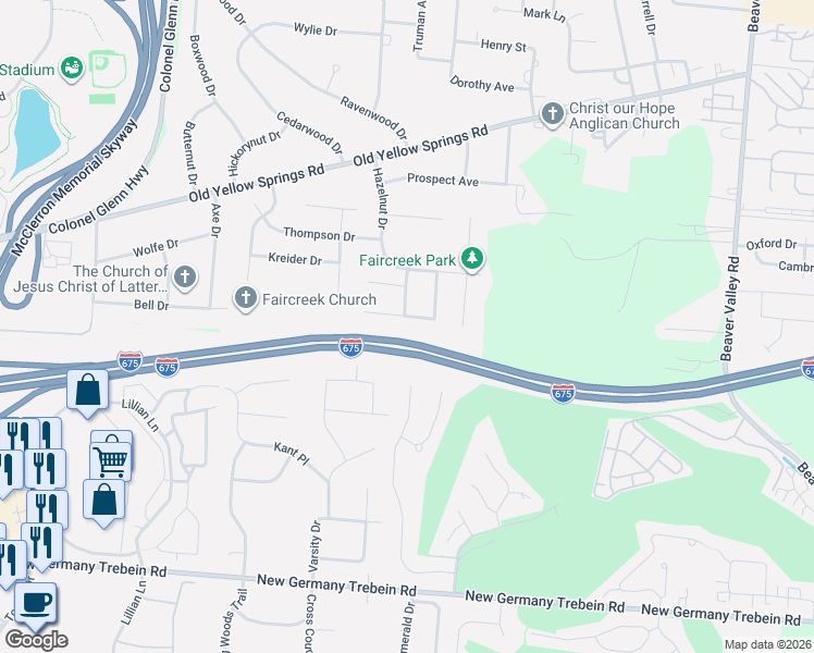 map of restaurants, bars, coffee shops, grocery stores, and more near 218 Parrott Court in Fairborn